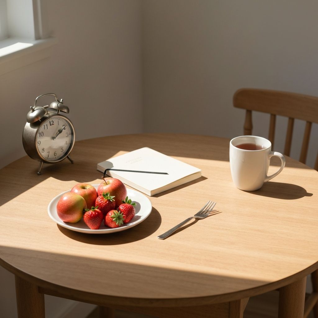 Morning routine setup with tea and fresh fruit